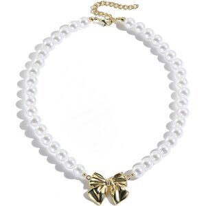 Gold Bow Knot Chunky Pearl Choker - Exaggerated Statement Necklace for Brides